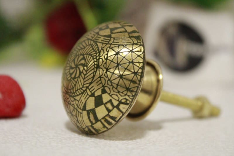 Dark Green Brass Knob Etched Flower Design