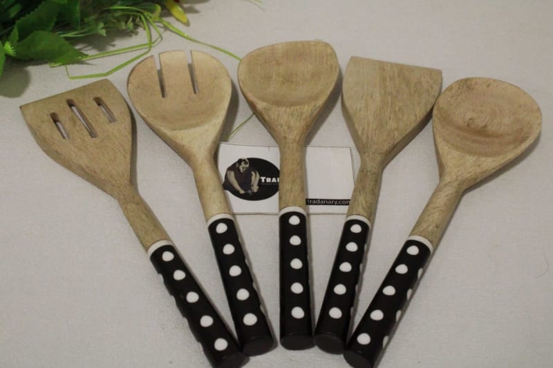 Five Wooden Spoon Set In Resin Handle — Wood & Resin