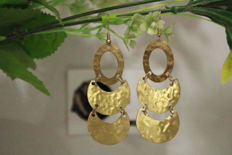 Brass Earrings In Golden Oval & Dual Moon Shape Design — Brass