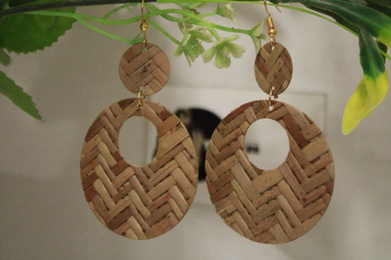 Brass Earrings In Rattan Inlay Design — Brass