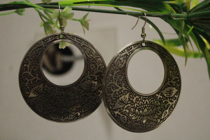 Silver Coated Earrings In Etching Flower Design — Brass