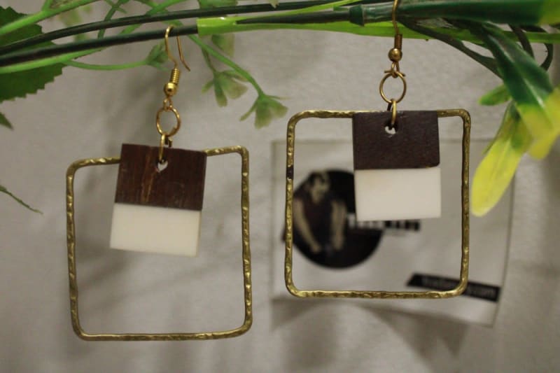 Brass Rope Earrings In Resin & Wood Design — Brass, Resin, Wood