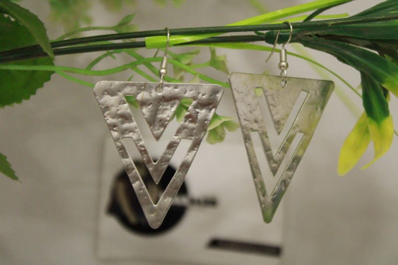 Silver Coated Earrings In Triangle Shape — Brass