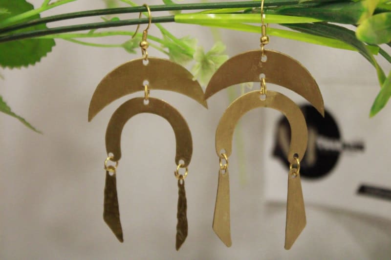Crescent Brass Earrings In Two Strip Design — Brass