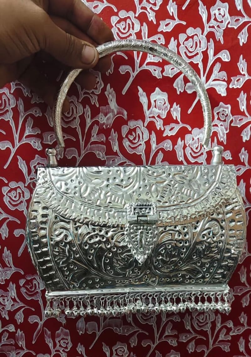 Silver Brass Clutch With Tassels — Brass