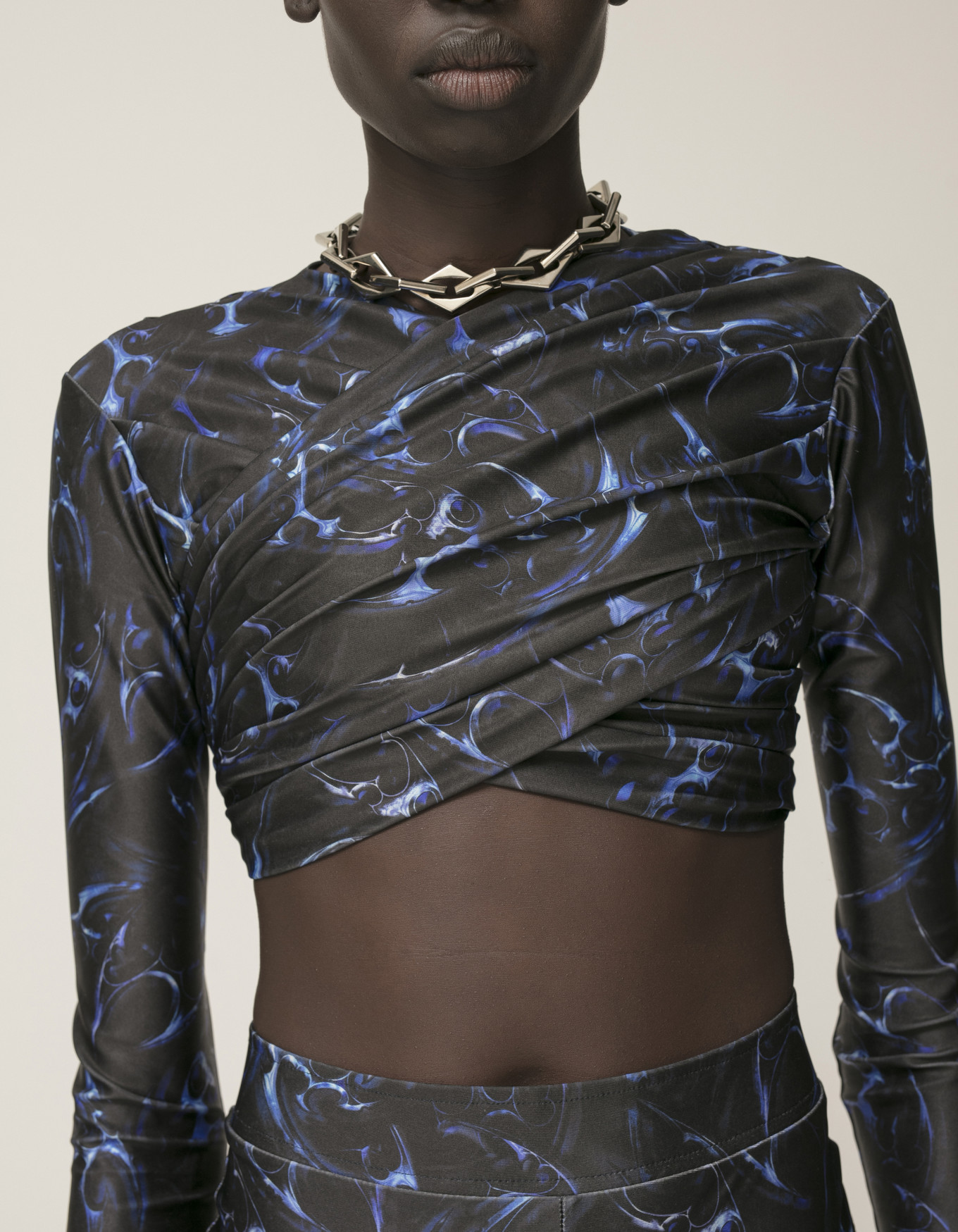 Chrome Tribal Stretch Cropped Long Sleeve Top, Blue image number 2