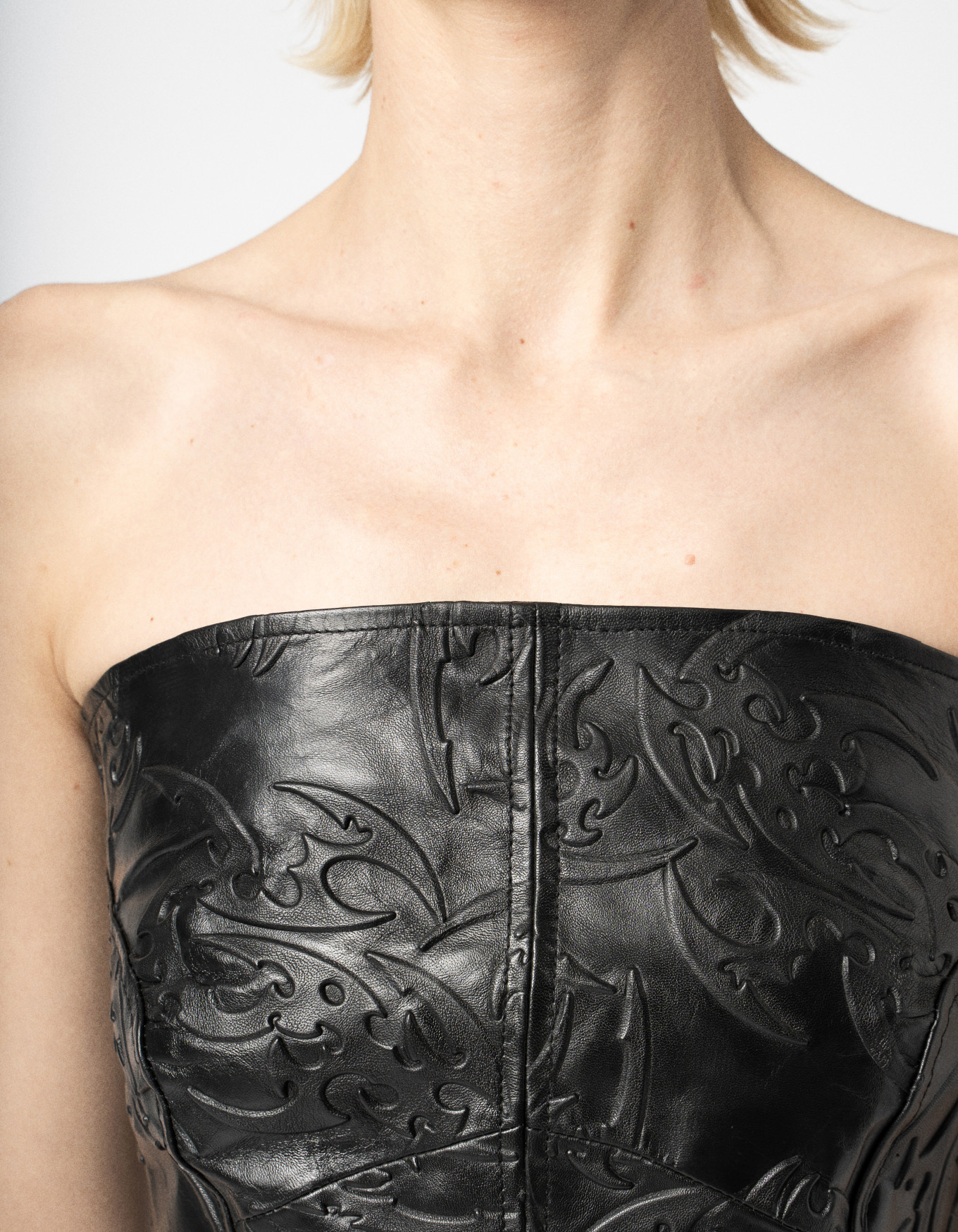 Tribal Embossed Leather Corset Top, Black image number 2