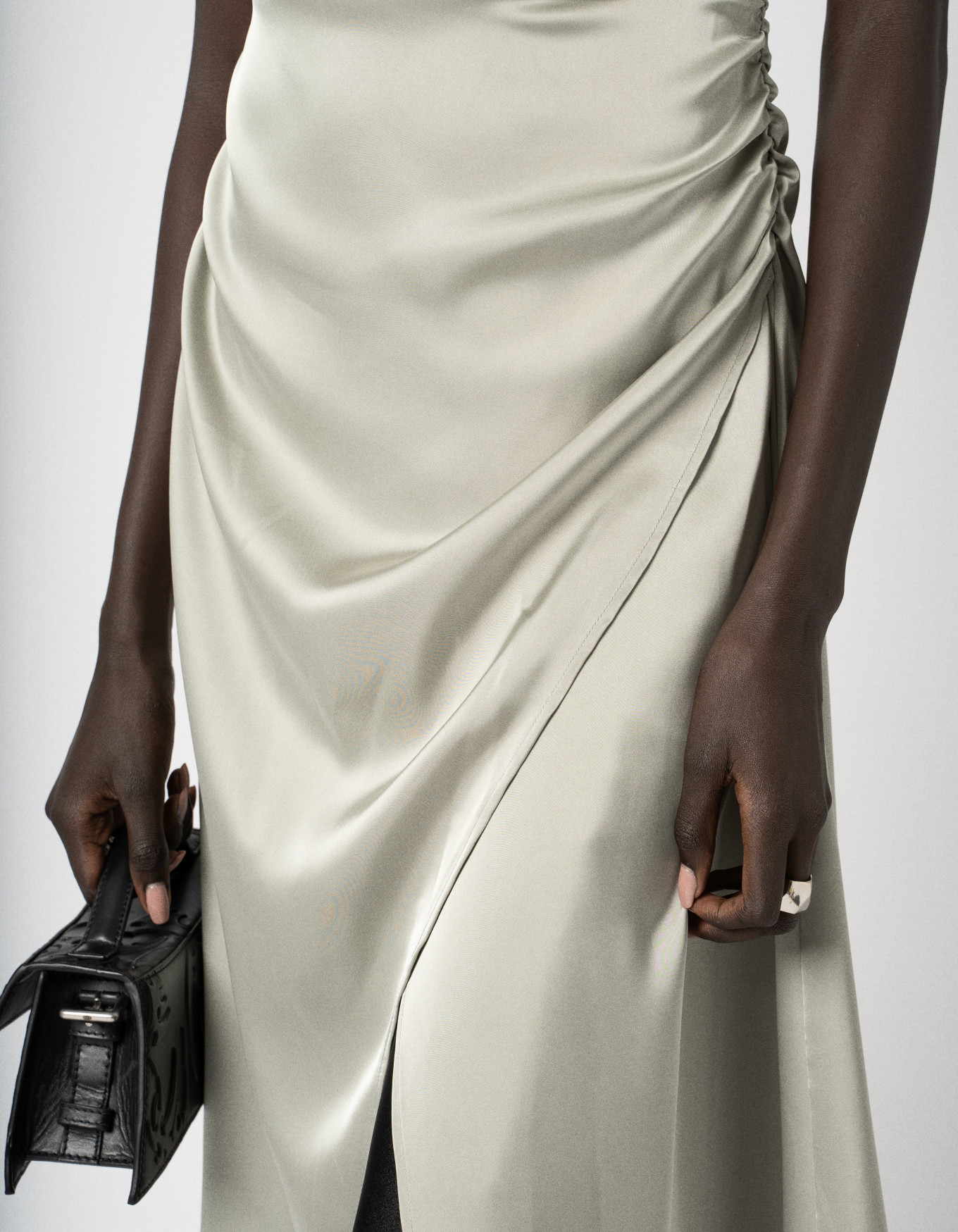 Satin Asymmetric Slip Dress , Cold Khaki image number 2