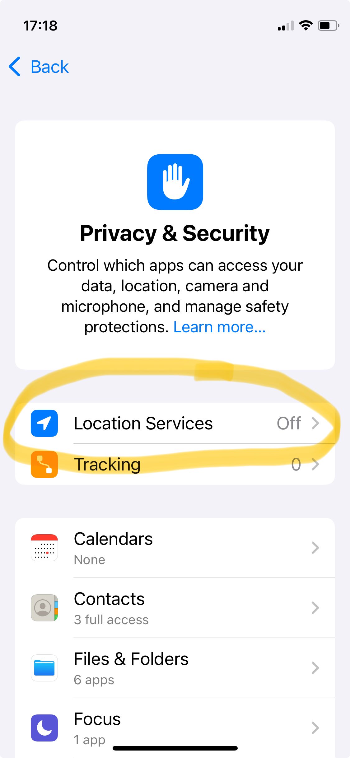 Location Services menu