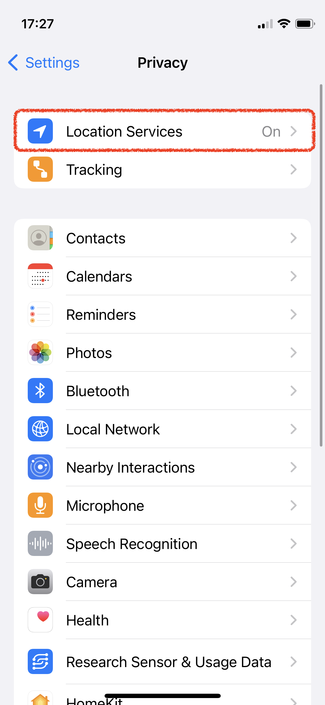 Location Services menu