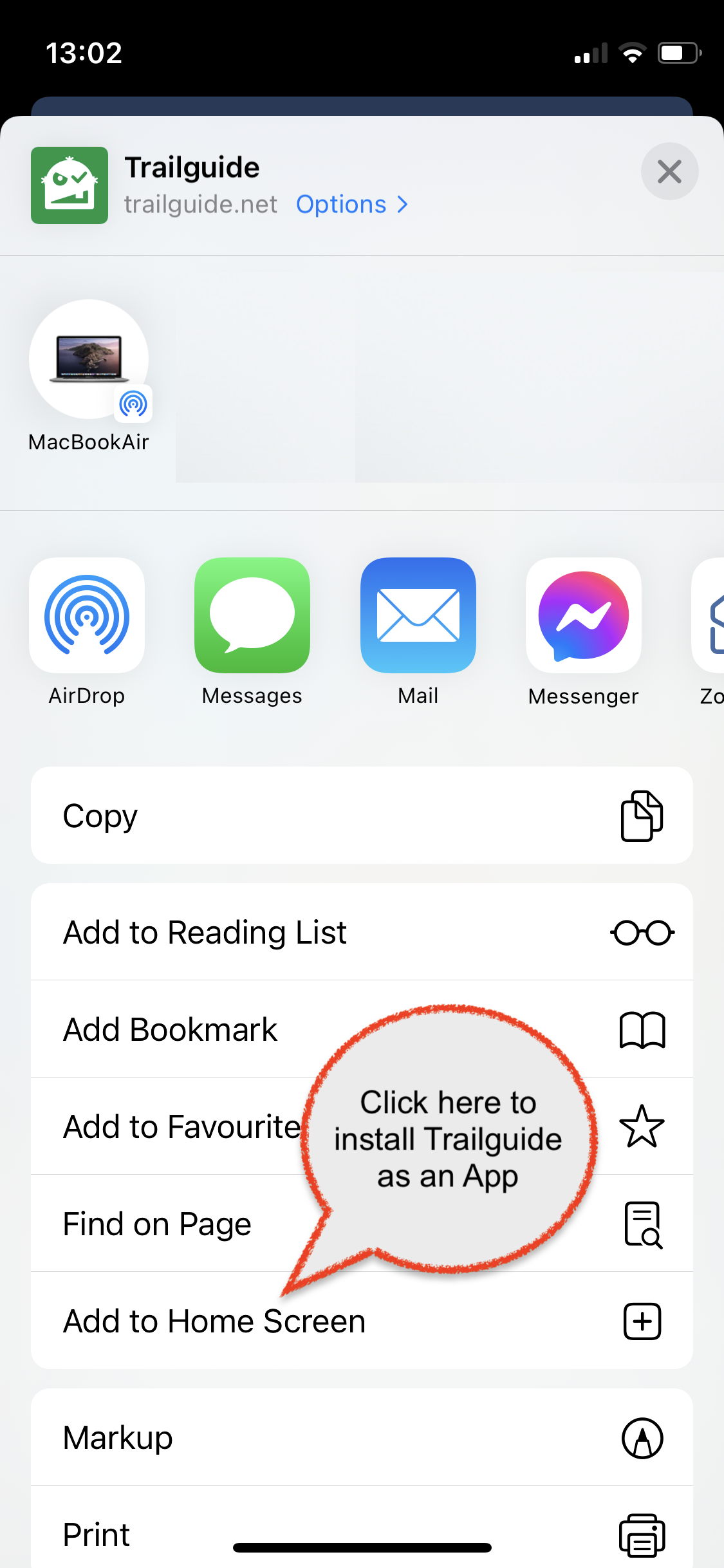 Click the Add to Home Screen menu item