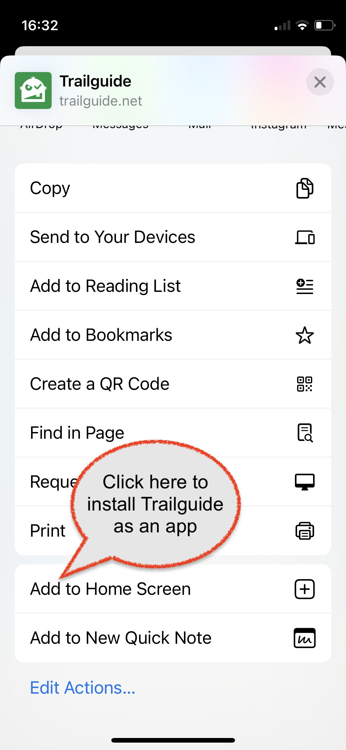 Click the Add to Home Screen menu item