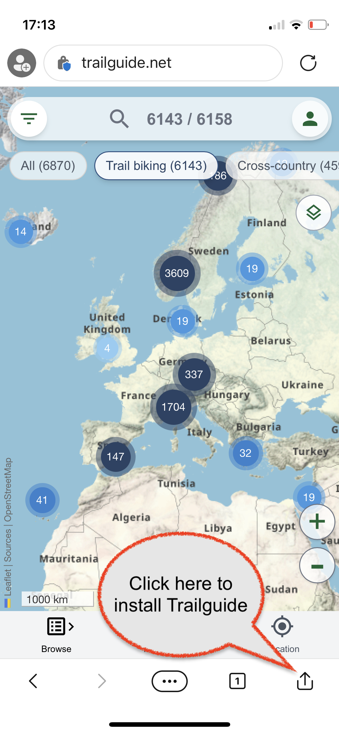 Open trailguide.net using Microsoft Edge and click the share button