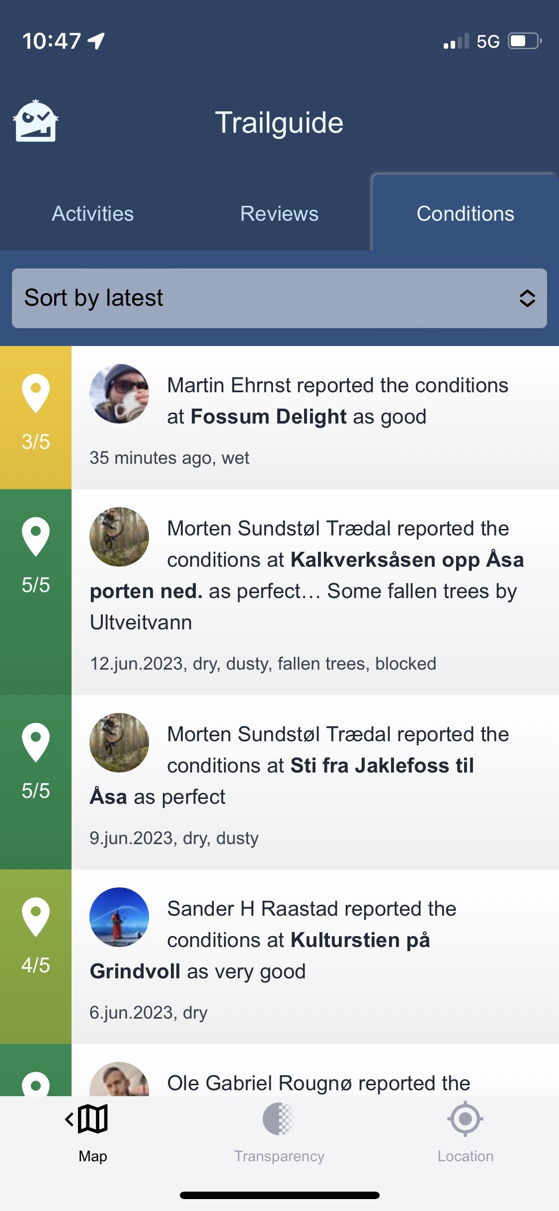 Check recent condition reports within the current map section