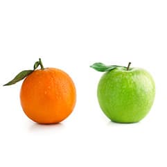 An apple and orange side-by-side