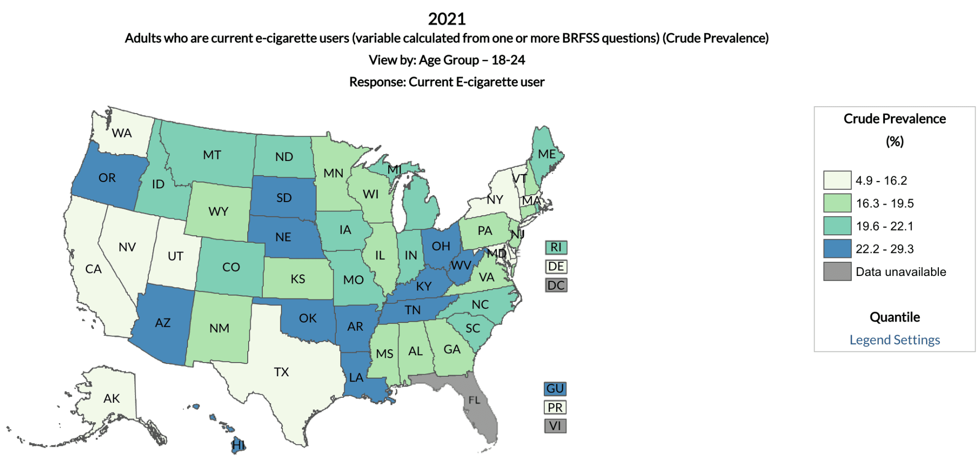 National map showing the rates for e-cigarette use by 18 to 24-year-olds in each state