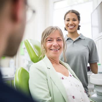 Woman smiles at her dentist with dental assistant in background