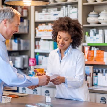 Pharmacist gives prescription to patient at drug store