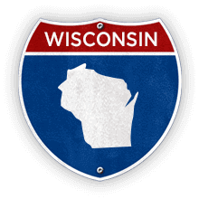 Road sign with Wisconsin text and state outline.