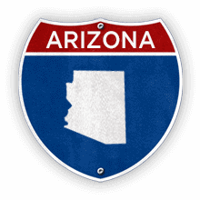 Road sign with Arizona text and state outline.