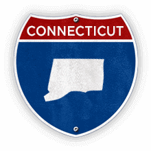Road sign with Connecticut text and state outline.