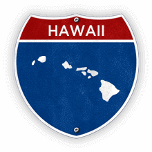 Road sign with Hawaii text and state outline.