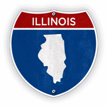 Road sign with Illinois text and state outline.