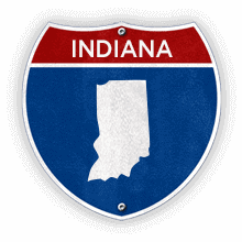 Road sign with Indiana text and state outline.