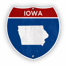 Road sign with Iowa text and state outline.