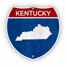 Road sign with Kentucky text and state outline.