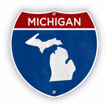 Road sign with Michigan text and state outline.