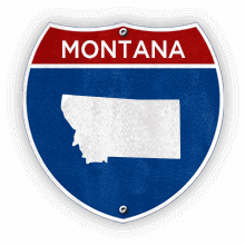 Road sign with Montana text and state outline.