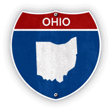 Road sign with Ohio text and state outline.