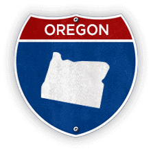 Road sign with Oregon text and state outline.