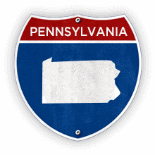 Road sign with Pennsylvania text and state outline.