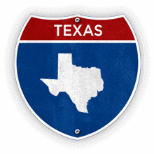 Road sign with Texas text and state outline.