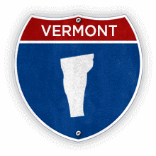 Road sign with Vermont text and state outline.