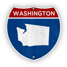 Road sign with Washington text and state outline.