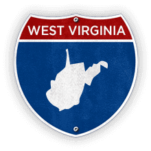 Road sign with West Virginia text and state outline.
