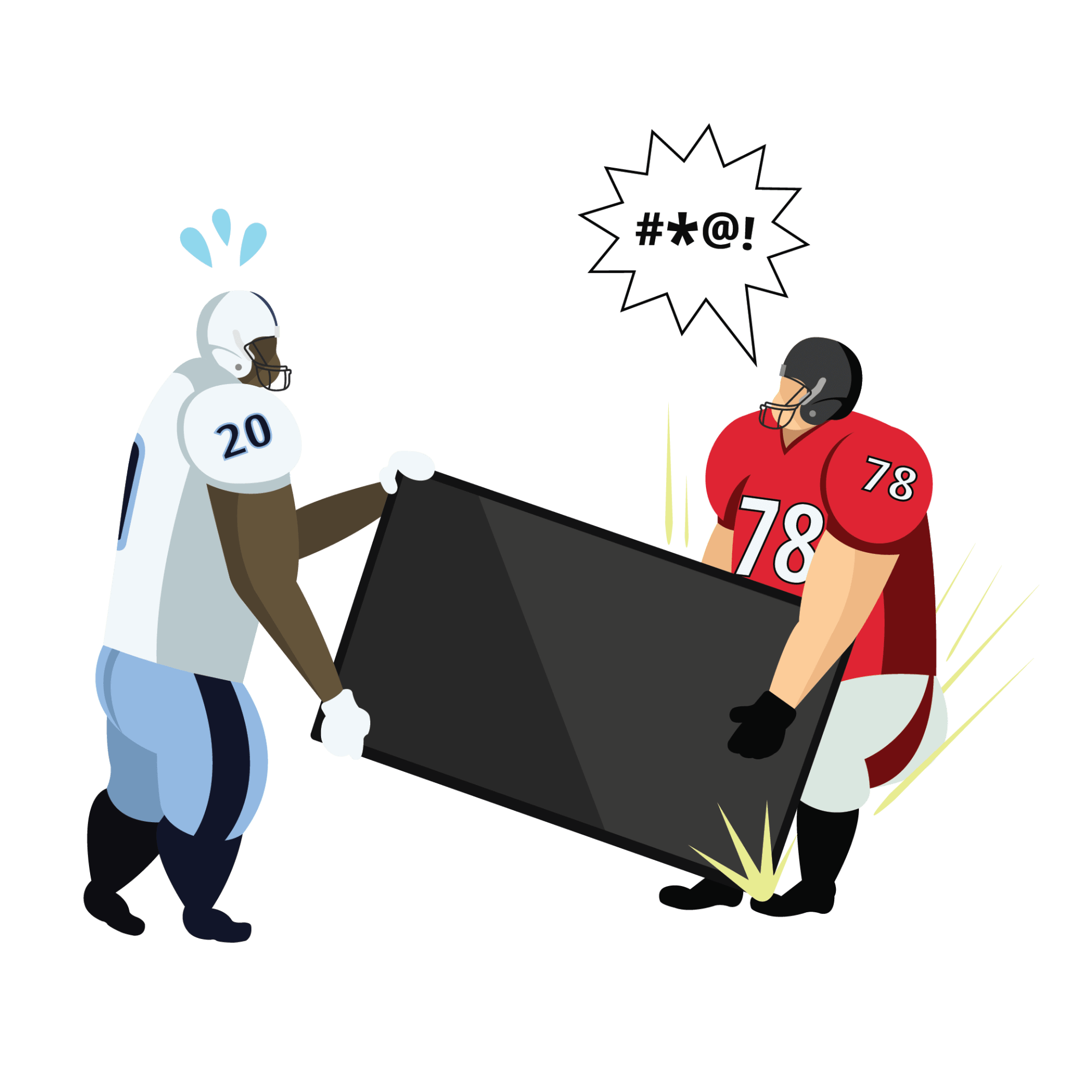 Two animated football players drop a TV on a toe