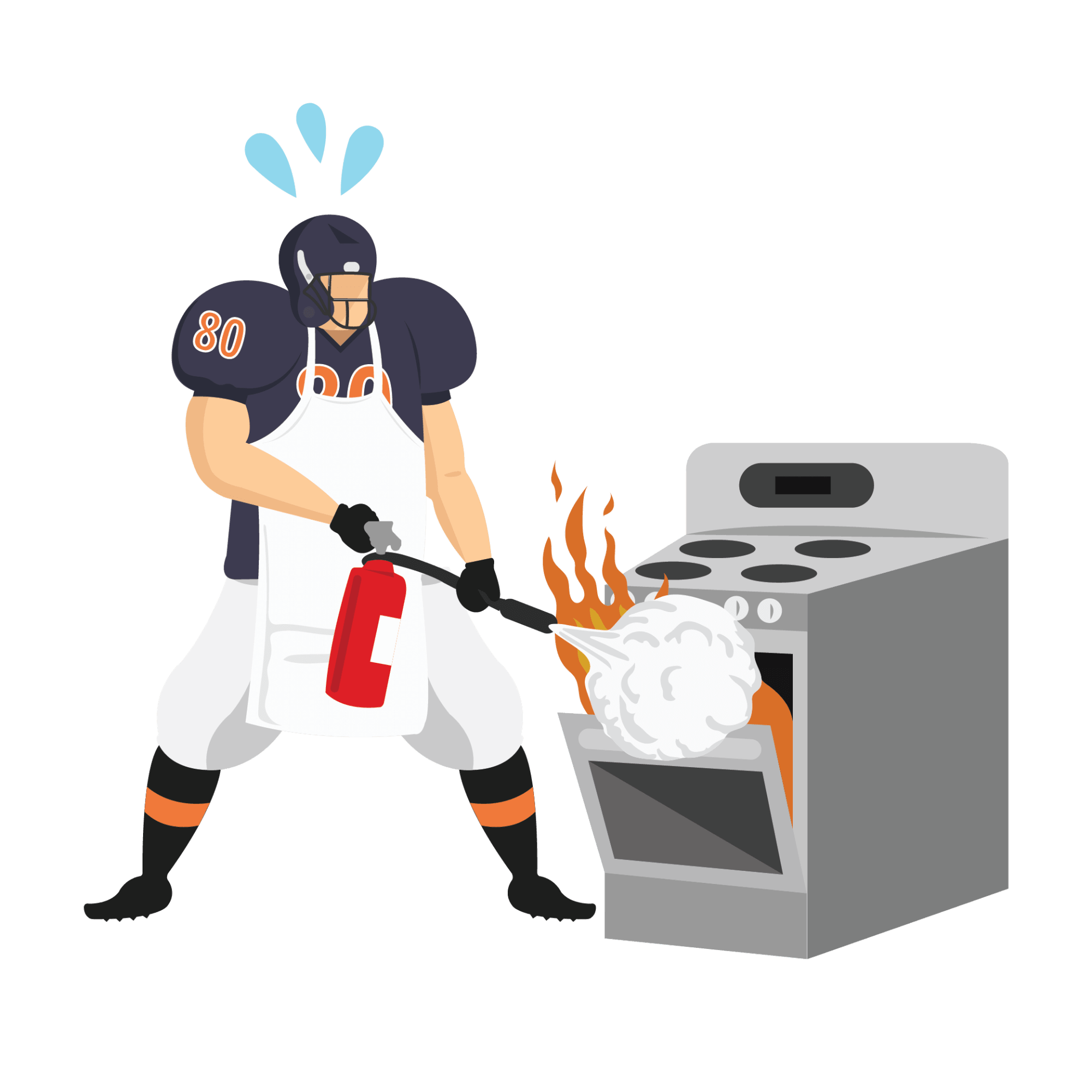 Animated football player using fire extinguisher to put out oven fire