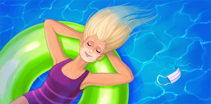 Woman laying on pool float with face mask in pool