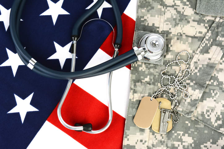 Flag, fatigues, dog tags and stethoscope