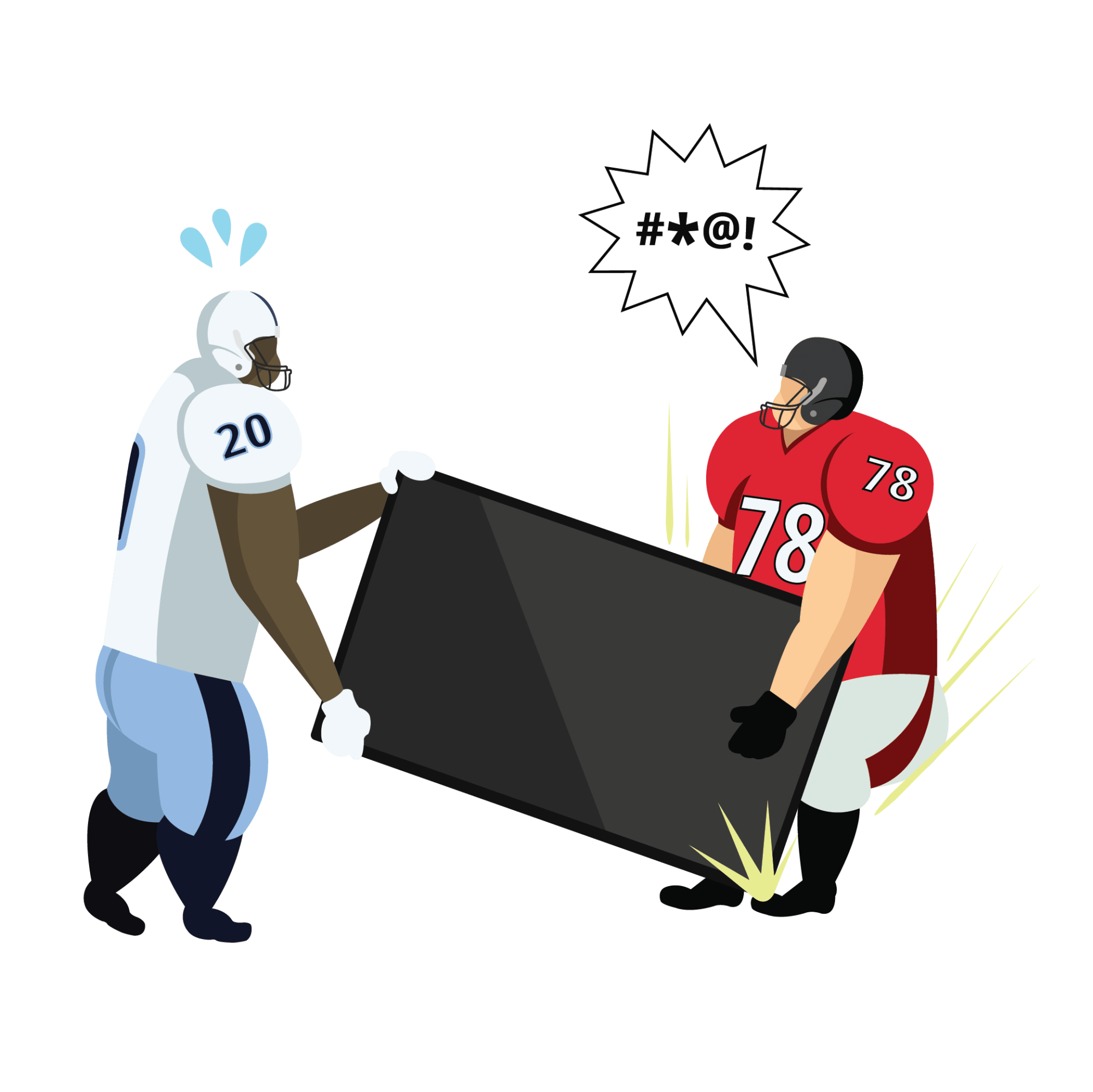 Two animated football players drop a TV on a toe