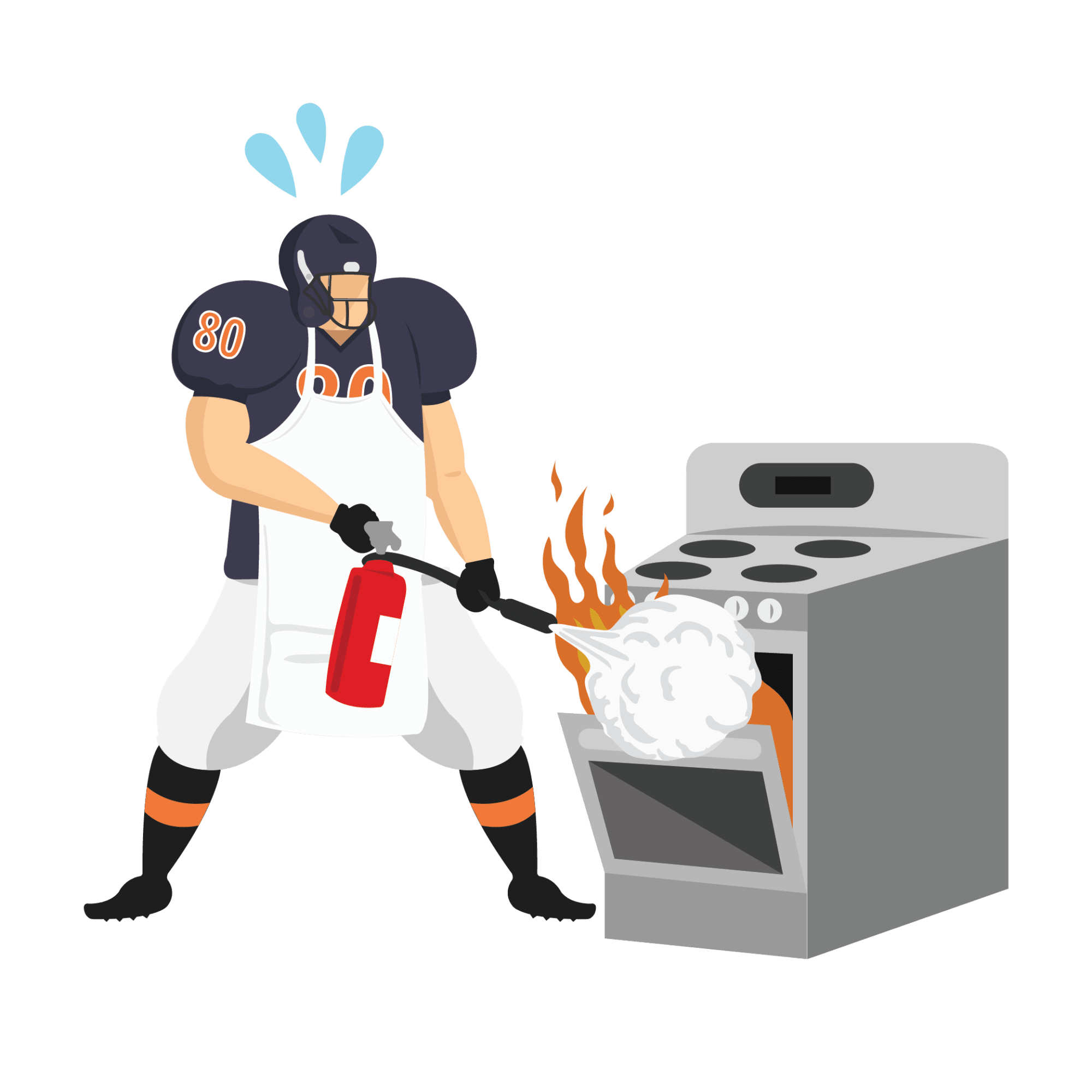 Animated football player using fire extinguisher to put out oven fire