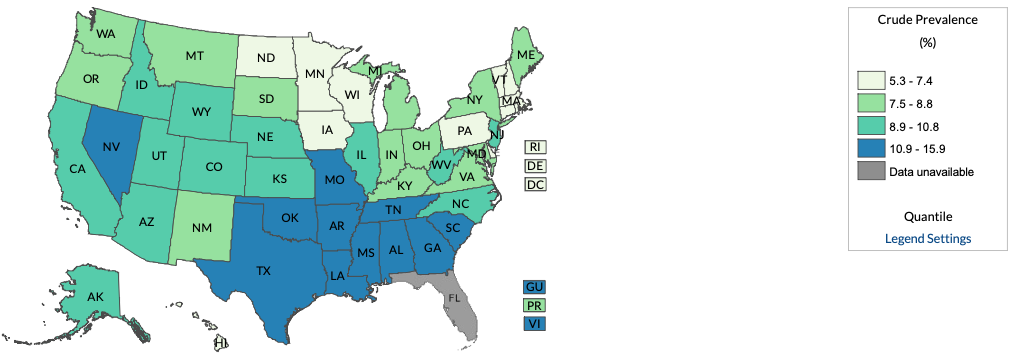 National map showing the rates of residents who said they could not afford necessary medical care in the past twelve months where the rates are highest in the southeast and lowest in the north and northeast