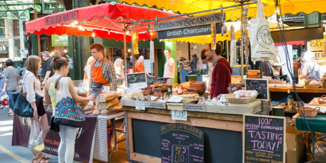 Specialty food stalls at Borough Market, one of the best street food markets in London