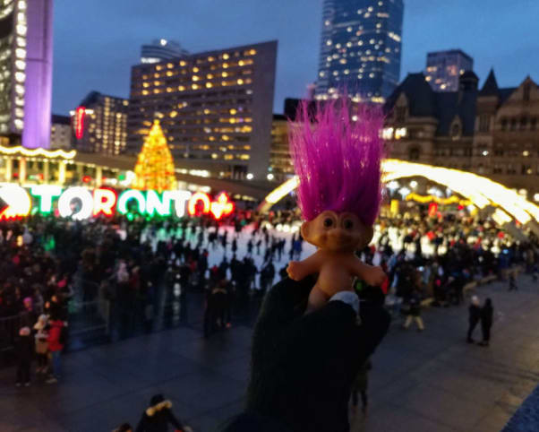 Oswald at Nathan Phillips Square in Toronto, ON, Canada