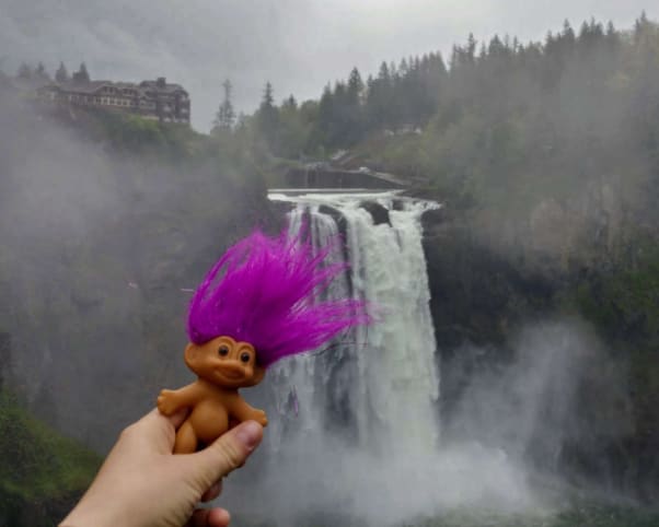 Oswald at Snoqualmie Falls in Snoqualmie, WA, USA