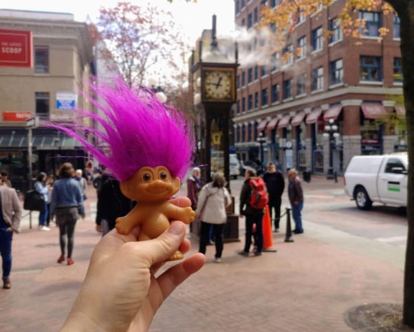Oswald at Gastown Steam Clock in Vancouver, BC, Canada